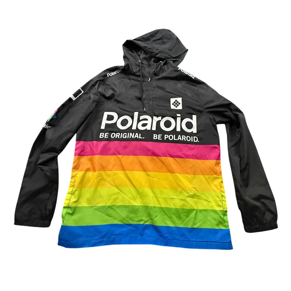 Polaroid Windbreaker Jacket Mens XL Black Rainbow Logo Half Zip Hooded Retro